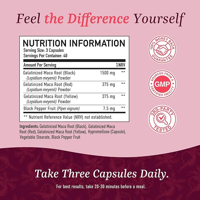 Organic Maca Root Capsules for Women | Peruvian Maca 2250MG Extra Strength | Red, Black & Yellow Maca Pills with Black Pepper | Herbal Supplement to Support Energy, Hormone Balance, Menopause & Cycles