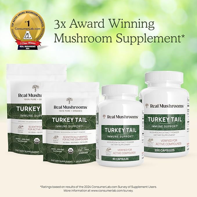 Real Mushrooms Turkey Tail Powder - Organic Mushroom Supplement with Potent Turkey Tail Mushroom Extract for Gut, Energy, Brain, & Immune Support - Vegan Mushroom Powder, Non-GMO, 100 Servings