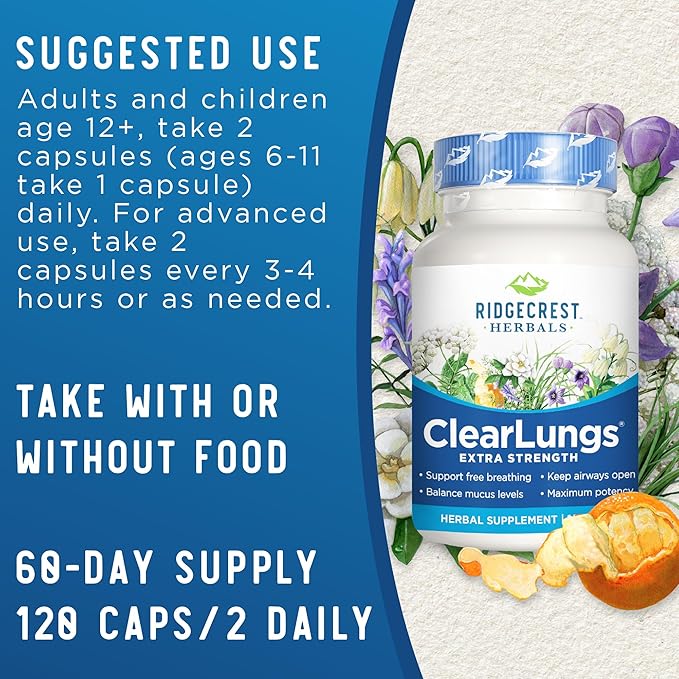 Ridgecrest Herbals ClearLungs Extra Strength, Natural Lung, Nasal Health Formula, Bronchial, Respiratory, Sinus, Mucus Support (120 Caps, 60 Serv)