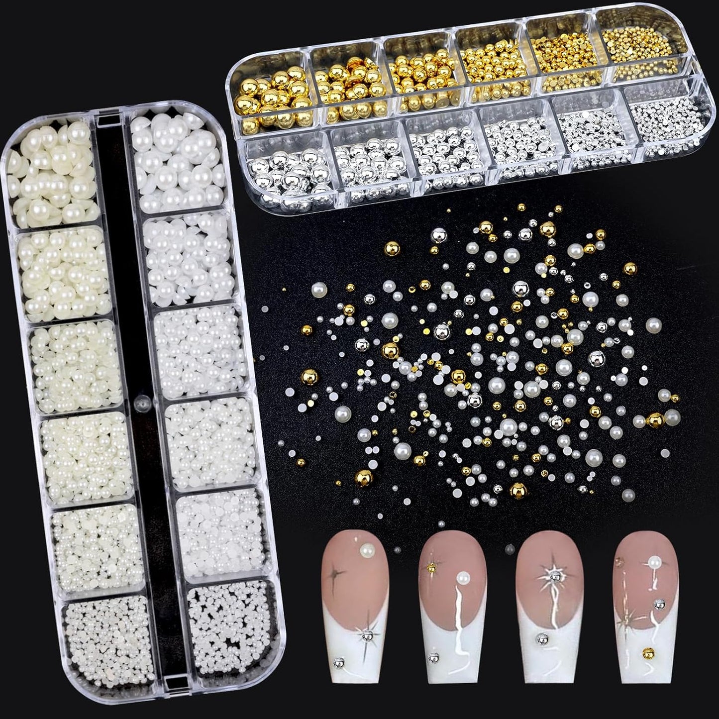Nail Art Pearls with Rhinestones Glue Gel Flatback Pearls Nail Charms Luxurious Nails Supplies Accessories Silver Gold Gems Pearl Colorful Pearl for Women Nails Design