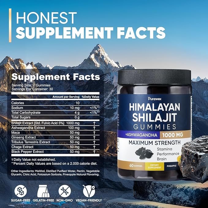 Shilajit Gummies 1000mg for Men and Women, Energy, Immunity Support, Pure Himalayan Shilajit Gummies with Ashwagandha, Sugar Free, Vegan, Pineapple Flavor, 30 Day Supply, Manganese, 60 pcs
