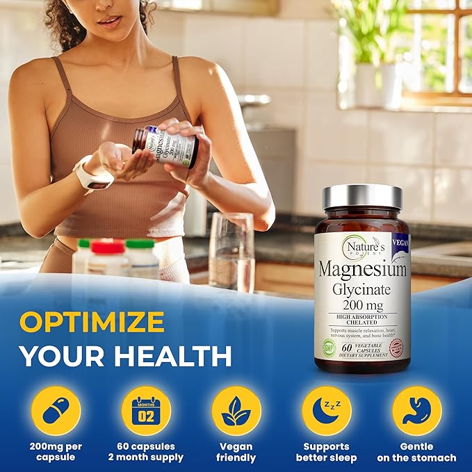 Nature's Potent Magnesium Glycinate 200mg, (High Absorption) Vegan Magnesium Glycinate Capsules Supplement for Women & Men - Chelated Magnesium Glycinate for Sleep - Magnesium for Muscle Cramps - 60ct