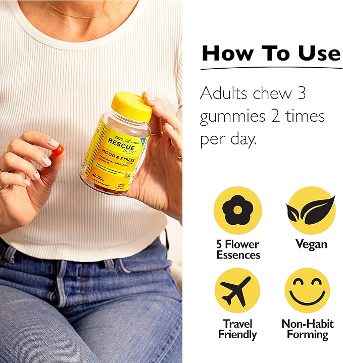 RESCUE Bach Plus Mood & Stress Support Gummies, Daytime Dietary Supplement with Passionflower, GABA, Saffron & Vitamin D, Natural Orange Flavor, Vegan & Gluten-Free, 60 Count