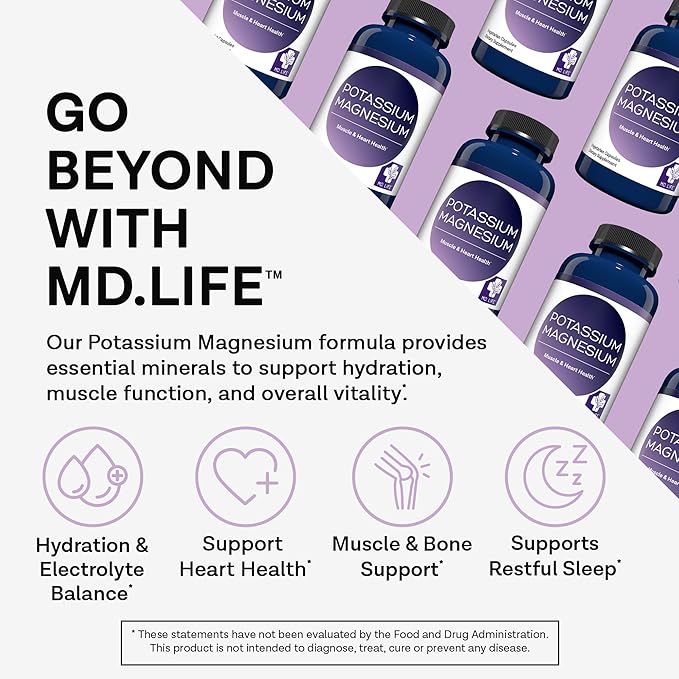 MD. Life Magnesium Potassium Supplement - 60 Capsules - High Absorption Magnesium Complex - Magnesium Supplement to Support Vascular Health & Leg Cramp 60cts