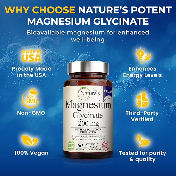 Nature's Potent Magnesium Glycinate 200mg, (High Absorption) Vegan Magnesium Glycinate Capsules Supplement for Women & Men - Chelated Magnesium Glycinate for Sleep - Magnesium for Muscle Cramps - 60ct