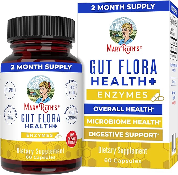 MaryRuth Organics Gut Flora Health+ Enzymes | Up to 2 Month Supply | Prebiotic Probiotic Digestive Enzymes Blend for Healthy Gut Biome & Digestive Support | Gastrointestinal Health | 60 Capsules