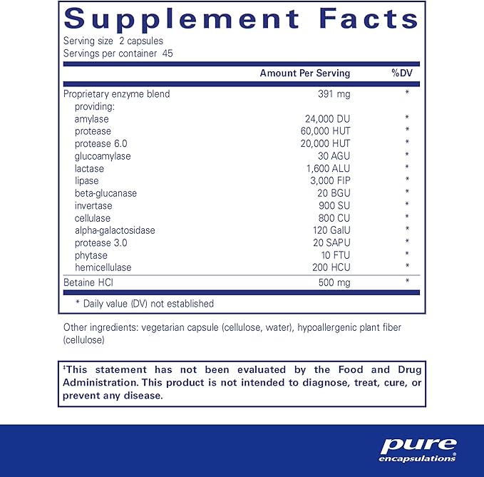 Pure Encapsulations Digestive Enzymes Ultra with Betaine HCl - Vegetarian Digestive Enzyme Supplement to Support Protein, Carb, Fiber, and Dairy Digestion* - 90 Capsules