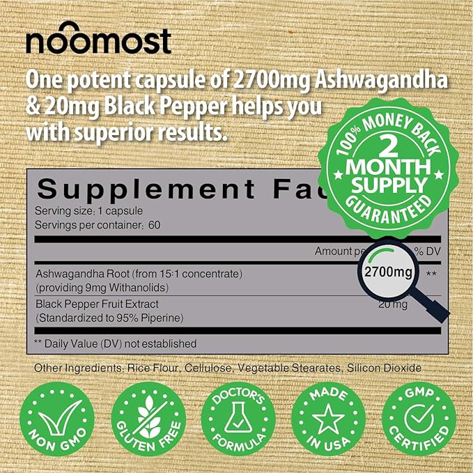 Organic Ashwagandha Capsules 2700mg w/Black Pepper Extract 20mg as Vegan Ashwagandha Supplements for Anti Stress Relief, Natural Mood Support, Energy & Focus, 2 Months
