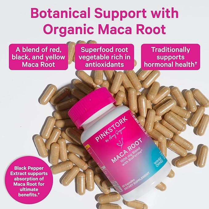 Pink Stork Maca Root Capsules for Women - Fertility Supplements for Women with 1500 mg Organic Maca Root + Black Pepper to Support Hormone Balance & Conception - 60 Capsules, Vegan