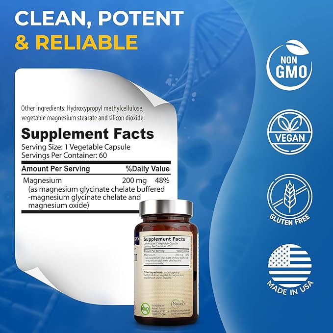 Nature's Potent Magnesium Glycinate 200mg, (High Absorption) Vegan Magnesium Glycinate Capsules Supplement for Women & Men - Chelated Magnesium Glycinate for Sleep - Magnesium for Muscle Cramps - 60ct