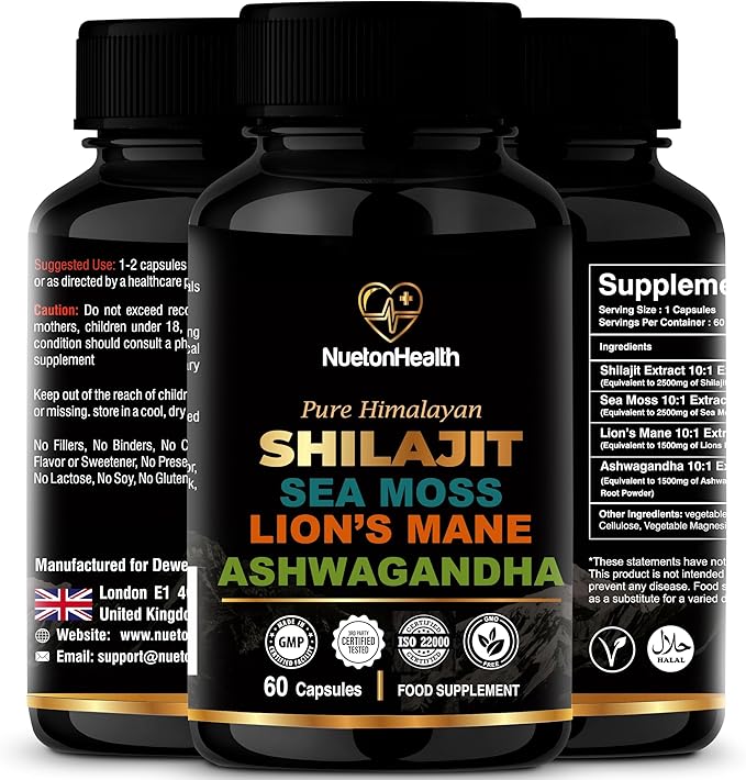 Shilajit, Sea Moss, Lion's Mane, and Ashwagandha Capsules - Comprehensive All-in-One Wellness Supplement for Mind, Body, and Vitality - 60 Vegan Capsules