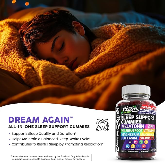 Sleep Aid Melatonin Gummies | Valerian Root L-Theanine Vitamin B6 C Lemon Balm Magnesium Hibiscus Beta Carotene Saffron & Chamomile Rest Support Supplement Raspberry Flavor Dream Again by Clean Nutra
