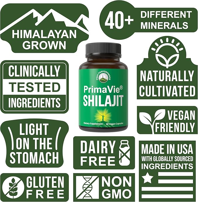 PrimaVie® Purified Shilajit Capsules Made with Pure Shilajit Powder. Clinically Tested Natural Supplement with 40+ Trace Minerals, Fulvic Acid. Tablets Support Mitochondria + Brain Function