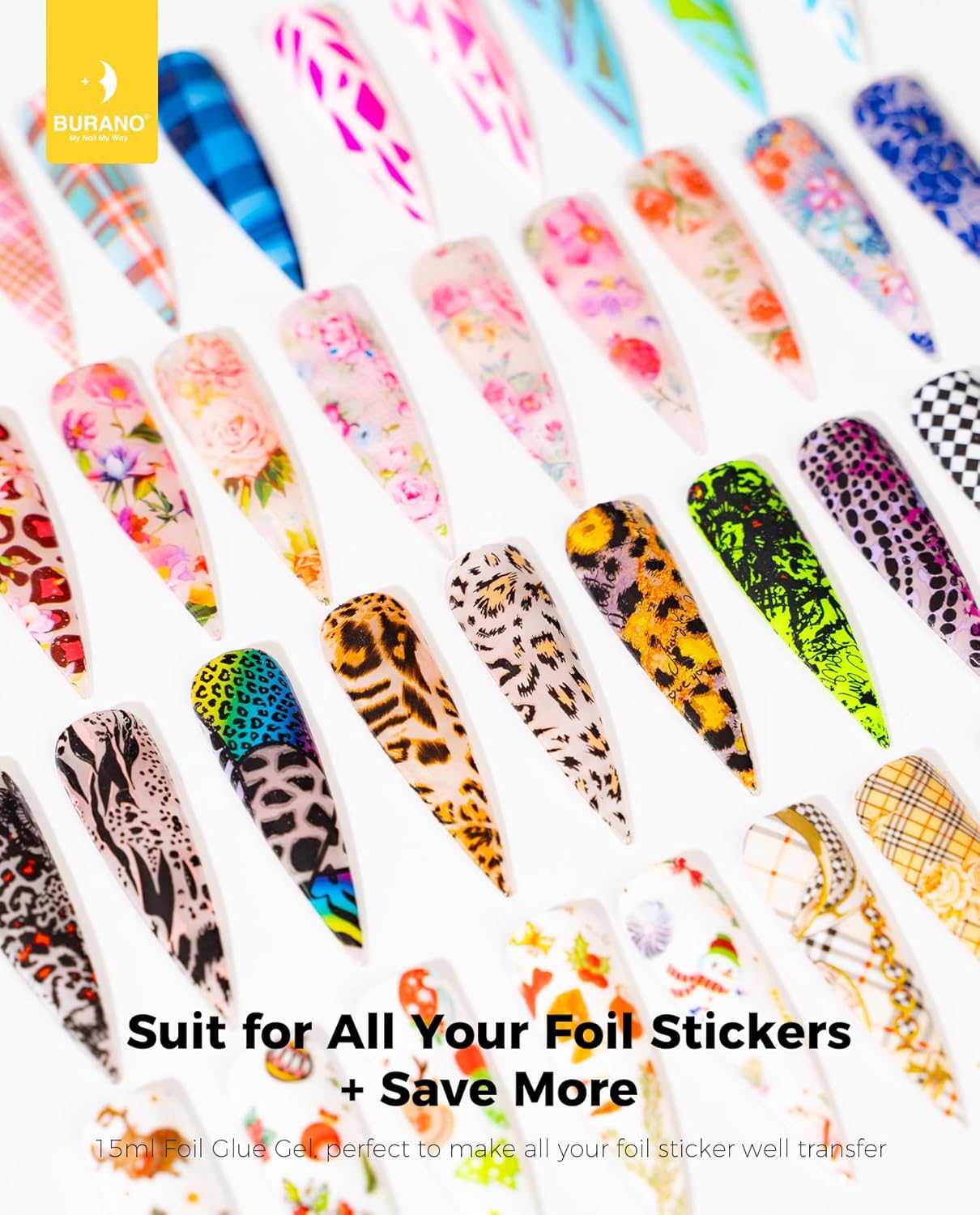 BURANO Nail Art Nail Foil Glue Gel, o.5 oz with 10PCS Foil Stickers Set Lace Nail Foil Glue for Nails Foil Transfer Gel, Nail Design Home DIY UV LED Lamp Required 28