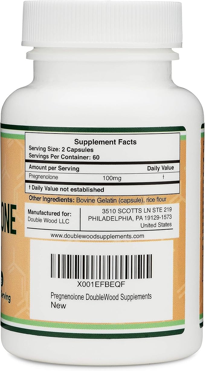 Pregnenolone 100mg per Serving (Converted to Progesterone to Boost Progesterone Levels) - Third Party Tested - 120 Capsules (50mg per Capsule) Non-GMO by Double Wood