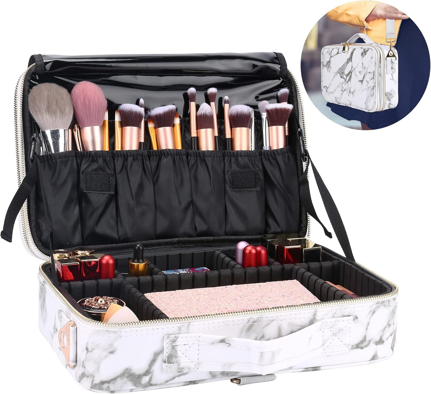 JOURMON Travel Makeup Case 3 Layers Makeup Train Case Marble Makeup Bag Organizer Portable Artist Storage Bag with Adjustable Dividers and Shoulder Strap (Marble white)