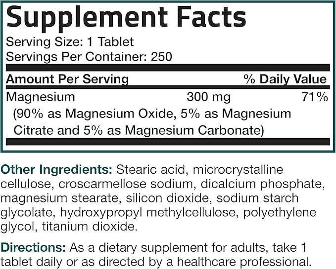Triple Magnesium Complex Maximum Coverage 300 Mg Magnesium Oxide Magnesium Citrate Magnesium Carbonate, Non-GMO Formula, 250 Tablets