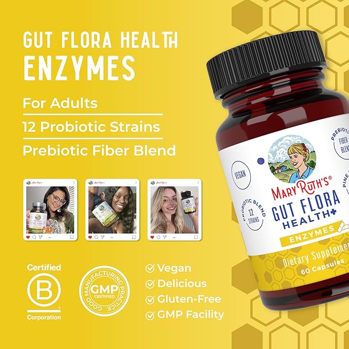 MaryRuth Organics Gut Flora Health+ Enzymes | Up to 2 Month Supply | Prebiotic Probiotic Digestive Enzymes Blend for Healthy Gut Biome & Digestive Support | Gastrointestinal Health | 60 Capsules