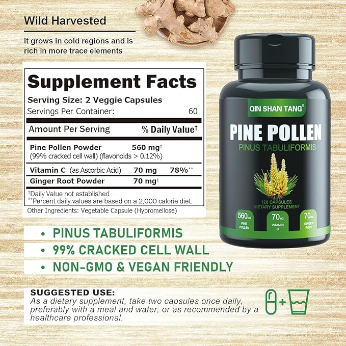 Pine Pollen Supplement wtih Ginger Root and Vitamin C, 99% Cracked Cell Wall,120 Veggie Capsules,Focus&Immune Improve
