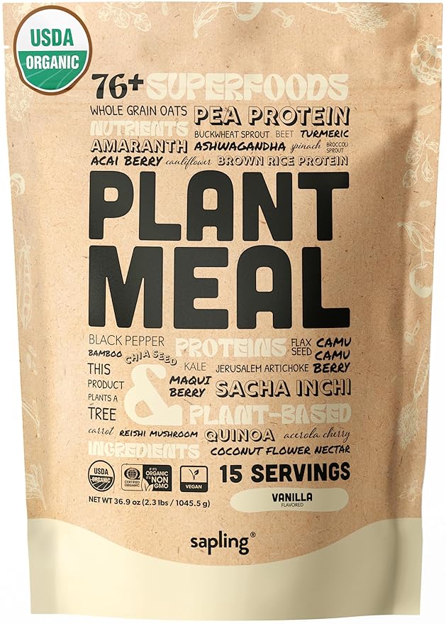 Plant Meal Replacement Shake - Vanilla - 25g of Plant Based Vegan Protein Powder, 76+ Organic Superfoods, Vitamins & Minerals, Mushrooms, Super Greens, Digestive Enzymes & Probiotics - 15 Servings