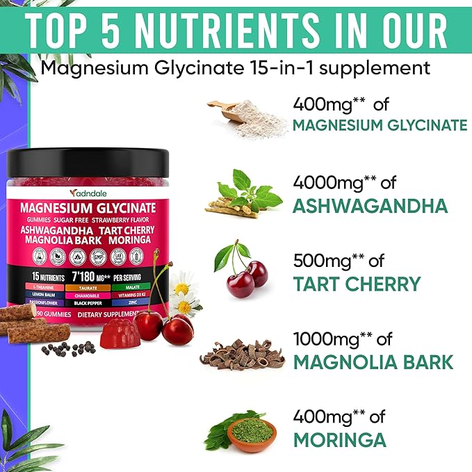90ct 15-in-1 Magnesium Glycinate Gummies 400 mg/serv- with Magnesium Malate, Ashwagandha, Tart Cherry, Magnolia Bark, Lemon Balm, Passionflower, Chamomile, L-Theanine, Zinc, Vitamin K2 & D3