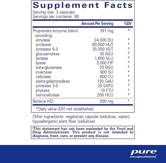 Pure Encapsulations Digestive Enzymes Ultra with Betaine HCl - Vegetarian Digestive Enzyme Supplement to Support Protein, Carb, Fiber, and Dairy Digestion* - 180 Capsules