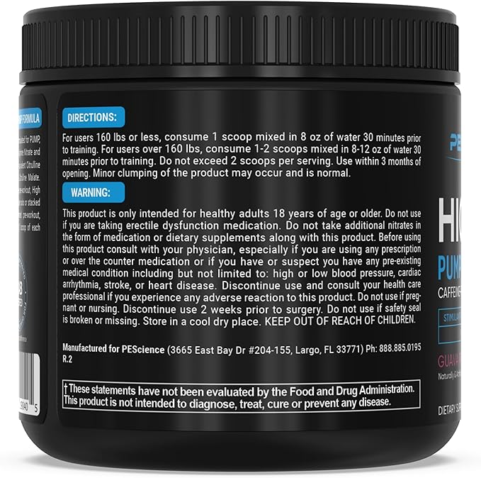 PEScience High Volume Nitric Oxide Booster Pump Pre Workout Powder, Guava Pineapple Punch, 36 Scoops, Caffeine Free