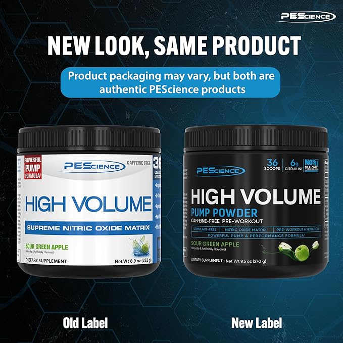 PEScience High Volume Nitric Oxide Booster Pre Workout Powder with L Arginine Nitrate, Green Apple, 36 Scoops, Caffeine Free
