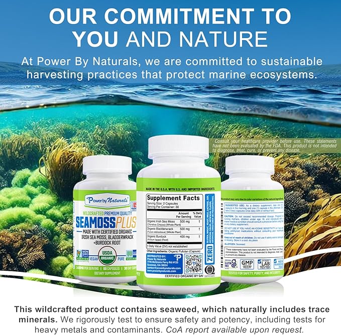 Power By Naturals Sea Moss Plus - USDA Certified Organic Wildcrafted Irish Seamoss, Bladderwrack & Burdock Root, Supplement for Immunity, 60Ct, 2 Pack
