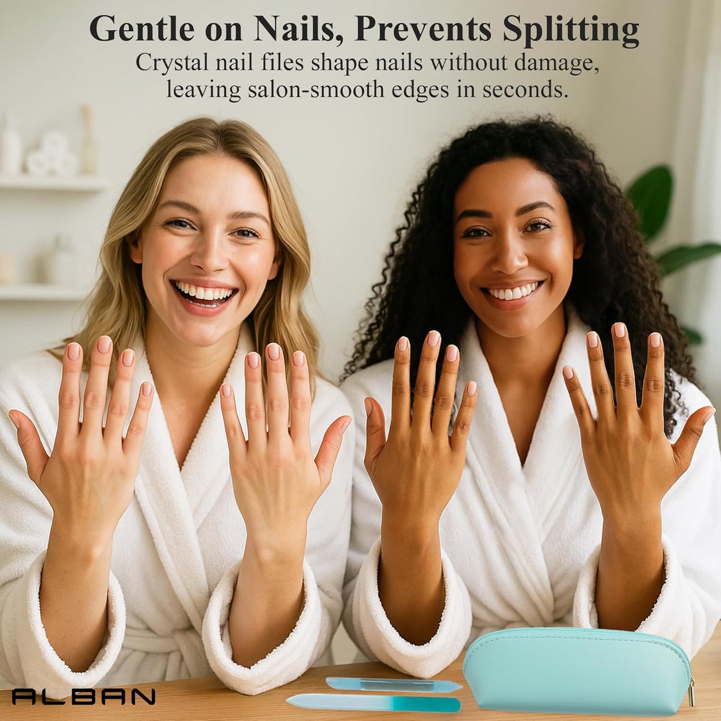 Alban Czech Glass Nail File Set with Manicure Stick & Vegan Leather Cosmetic Case (Turquoise Nail Files, Light Blue Manicure Stick & Cosmetic Case)