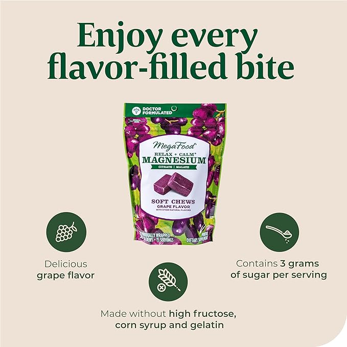 MegaFood Relax + Calm Magnesium Supplement - Soft Chews with Magnesium Citrate & Magnesium Malate for Heart Health, Muscle Tension & More - Vegetarian - Grape-Flavor - 30 Chews (15 Servings)