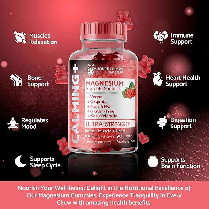 Magnesium Glycinate Gummies - 1000 mg - Magnesium Supplement to Support Relaxation, Stress Relief, Heart Health - Chewable Magnesium Gummies for Adults - Strawberry Flavor - Pack of 3