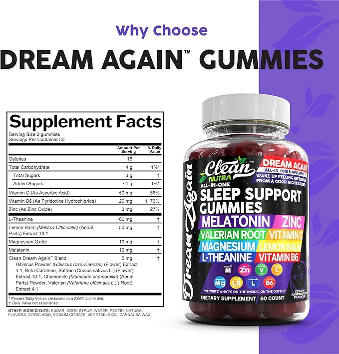 Sleep Aid Melatonin Gummies | Valerian Root L-Theanine Vitamin B6 C Lemon Balm Magnesium Hibiscus Beta Carotene Saffron & Chamomile Rest Support Supplement Raspberry Flavor Dream Again by Clean Nutra