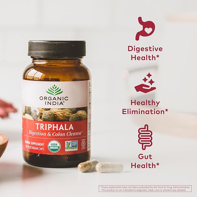 ORGANIC INDIA Triphala Capsules Organic - Herbal Supplement with Amla, Bibhitaki, Haritaki, Digestion & Colon Support, Immune System Support, Adaptogen, Vegan, USDA Certified Organic - 180 Capsules