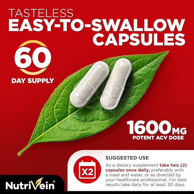 Nutrivein Apple Cider Vinegar Capsules with Mother - 1600mg - 120 Vegan Pills - Supports Healthy Diet, Digestion, Keto, Cleanser - Best Supplement for Immune System - ACV Raw