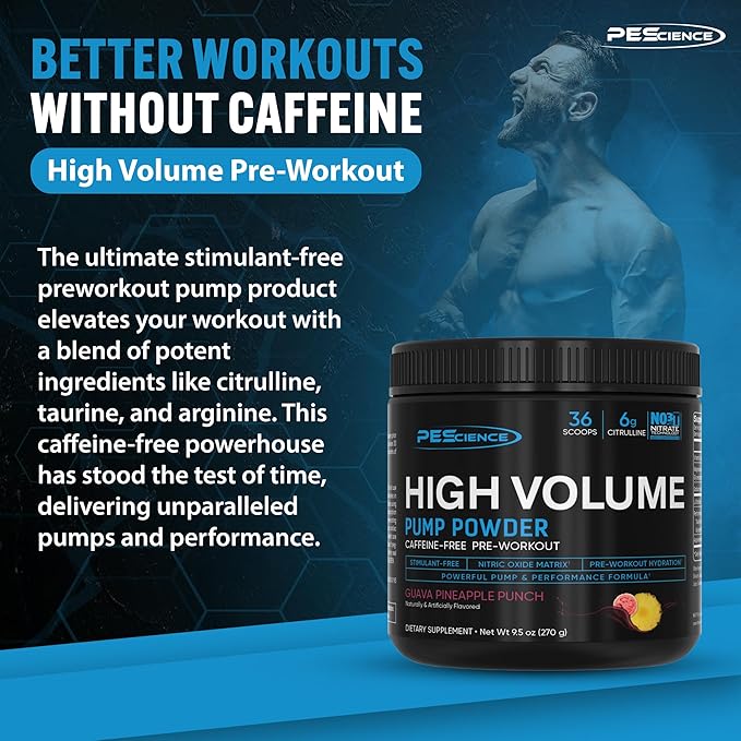 PEScience High Volume Nitric Oxide Booster Pump Pre Workout Powder, Guava Pineapple Punch, 36 Scoops, Caffeine Free