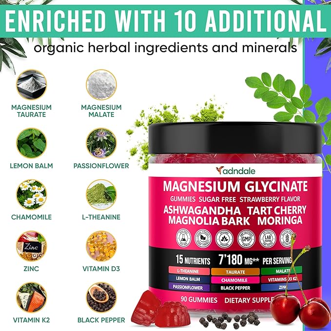 90ct 15-in-1 Magnesium Glycinate Gummies 400 mg/serv- with Magnesium Malate, Ashwagandha, Tart Cherry, Magnolia Bark, Lemon Balm, Passionflower, Chamomile, L-Theanine, Zinc, Vitamin K2 & D3