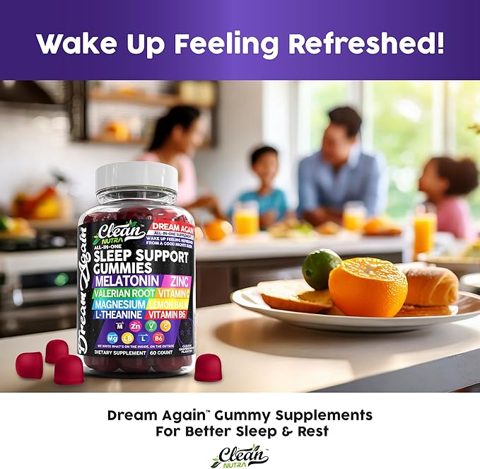 Sleep Aid Melatonin Gummies | Valerian Root L-Theanine Vitamin B6 C Lemon Balm Magnesium Hibiscus Beta Carotene Saffron & Chamomile Rest Support Supplement Raspberry Flavor Dream Again by Clean Nutra