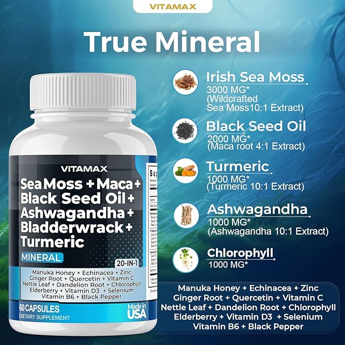 Sea Moss 3000mg Maca 1000mg Black Seed Oil 2000mg Ashwagandha 1000mg Bladderwrack, Turmeric - Manuka, Elderberry, Vitamins C & D3, Chlorophyll, Zinc, Black Pepper - Made in USA (60 Count (Pack of 1)