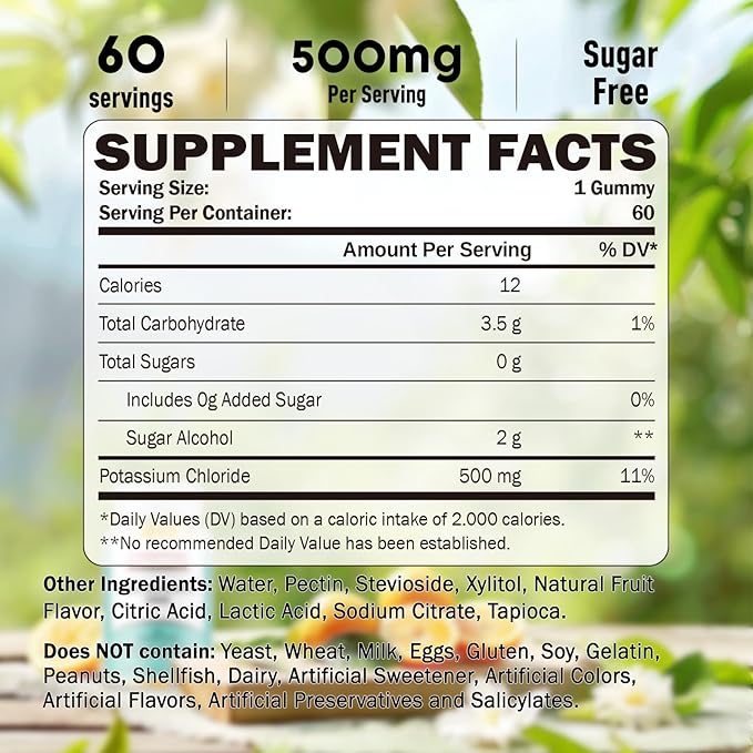 Potassium Gummies, Potassium Chloride 500mg for Adults, Sugar-Free Potassium Supplement, Muscle Relief & Heart Health for Women Men, Electrolyte Balance, Efficient Potassium Supply, 60 Servings