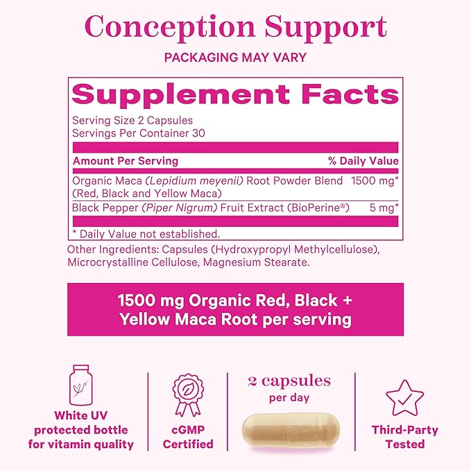 Pink Stork Maca Root Capsules for Women - Fertility Supplements for Women with 1500 mg Organic Maca Root + Black Pepper to Support Hormone Balance & Conception - 60 Capsules, Vegan