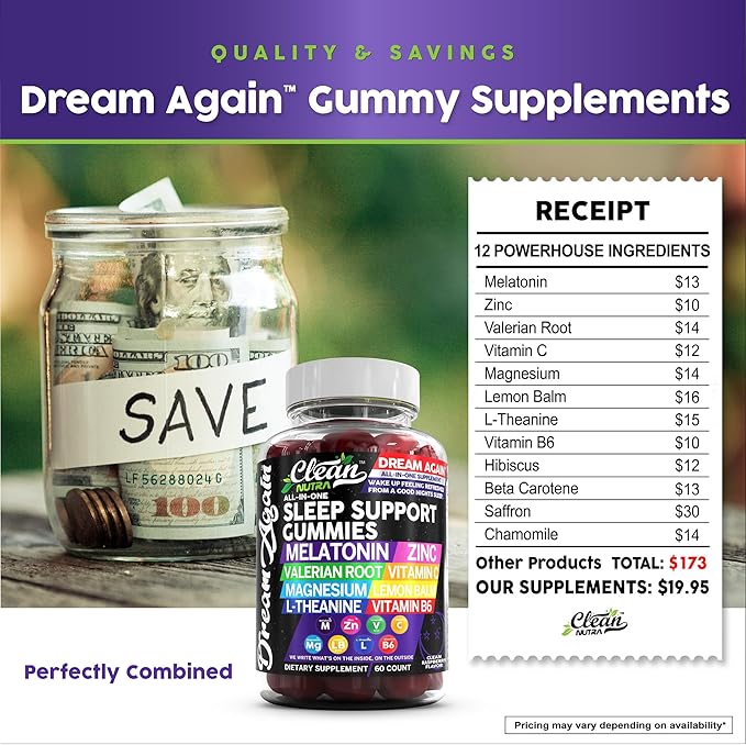 Sleep Aid Melatonin Gummies | Valerian Root L-Theanine Vitamin B6 C Lemon Balm Magnesium Hibiscus Beta Carotene Saffron & Chamomile Rest Support Supplement Raspberry Flavor Dream Again by Clean Nutra