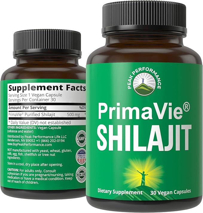 PrimaVie® Purified Shilajit Capsules Made with Pure Shilajit Powder. Clinically Tested Natural Supplement with 40+ Trace Minerals, Fulvic Acid. Tablets Support Mitochondria + Brain Function