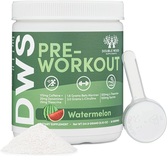 Pre Workout Powder for Men & Women (30 Servings of Caffeine, Beta Alanine, L-Citrulline, Dynamine, L-Theanine, Taurine, Theacrine, & More) Preworkout Powder with Scoop by Double Wood (Watermelon Lime)