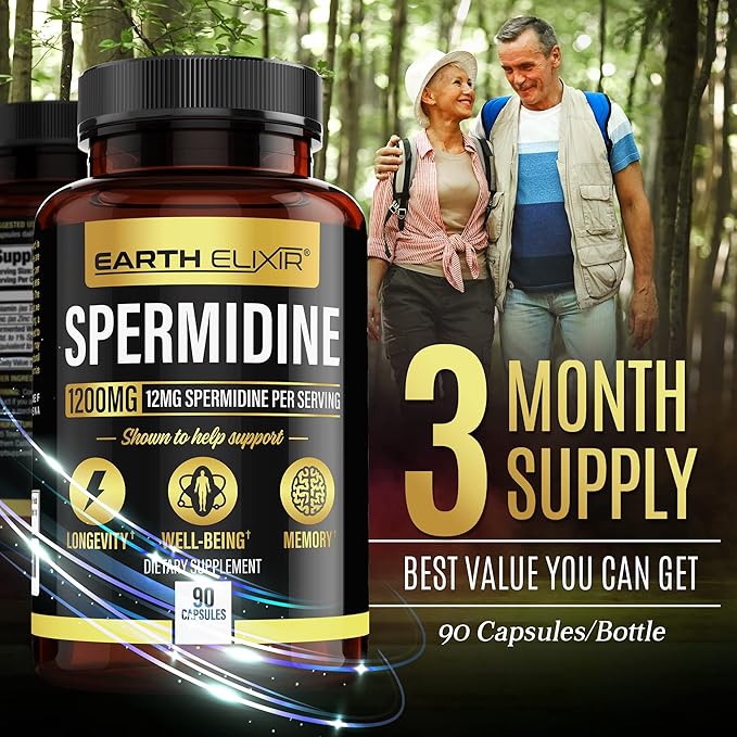 Spermidine Supplements 1200mg (90 Capsules) β Anti Aging - 3rd Party Tested (12mg Spermidine Powder) Max Purity - 100% Pure Espermidina- Fermented Wheat Germ Extract - NMN Alternative