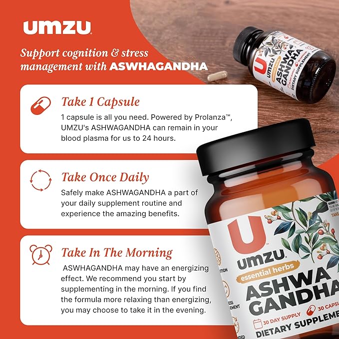UMZU Ashwagandha Advanced Stress & Cortisol Support Supplement, Memory, Focus, Cognition, 24-Hour Extended Release (30 Day Supply | 30 Capsules)