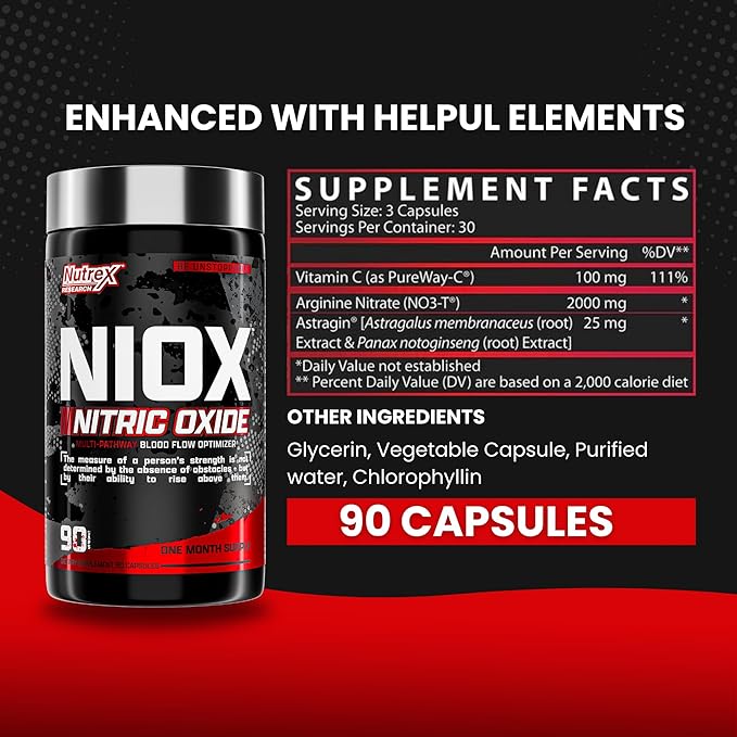 Nutrex Research NIOX Extreme Pumps - 180-Count Pre-Workout Pump Supplement with Arginine Nitrate, Vitamin C, AstraGin for Muscle Pump, Vascularity, Endurance, NO3-T