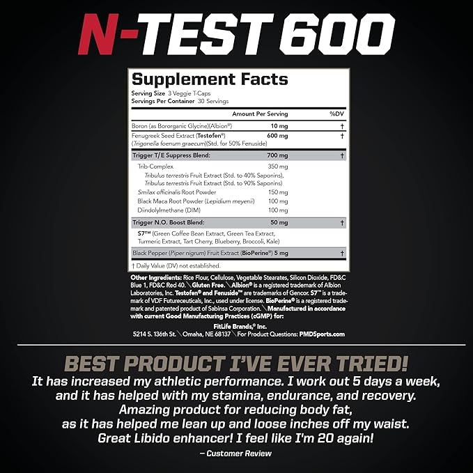 PMD Sports N-Test 600 Advanced Nitric Oxide Booster for Men - with Clinically Studied Testofen - Lean Muscle and Strength Gains with Estrogen Suppression (90 Veggie -Caps)