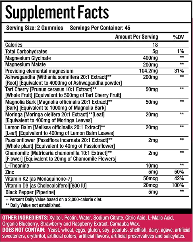 90ct 15-in-1 Magnesium Glycinate Gummies 400 mg/serv- with Magnesium Malate, Ashwagandha, Tart Cherry, Magnolia Bark, Lemon Balm, Passionflower, Chamomile, L-Theanine, Zinc, Vitamin K2 & D3