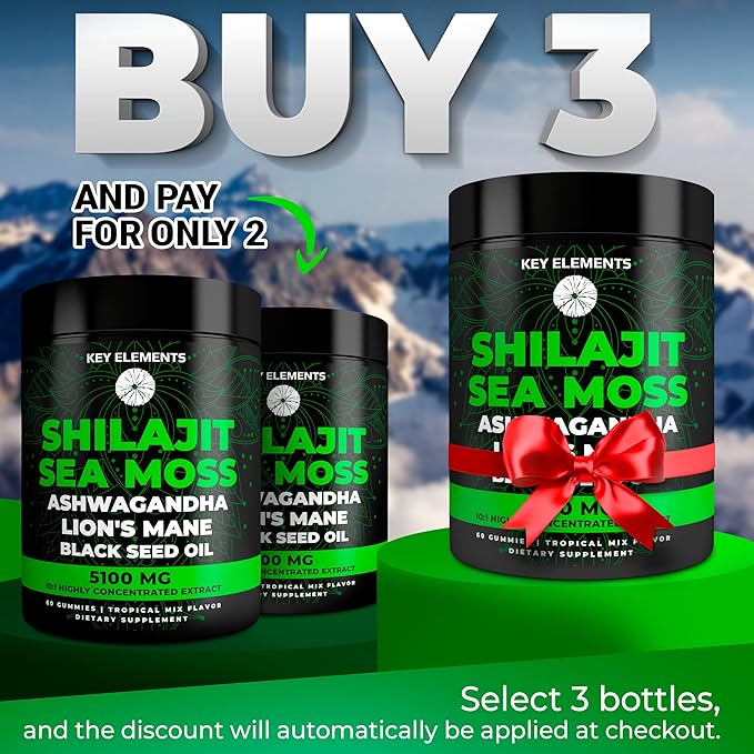 Organic Shilajit Gummies with Sea Moss Gummies - Shilajit Supplement for Immune Support - Pure Himalayan Shilajit and Ashwagandha with Sea Moss and Shilajit, Lion’s Mane Extract and Black Seed Oil